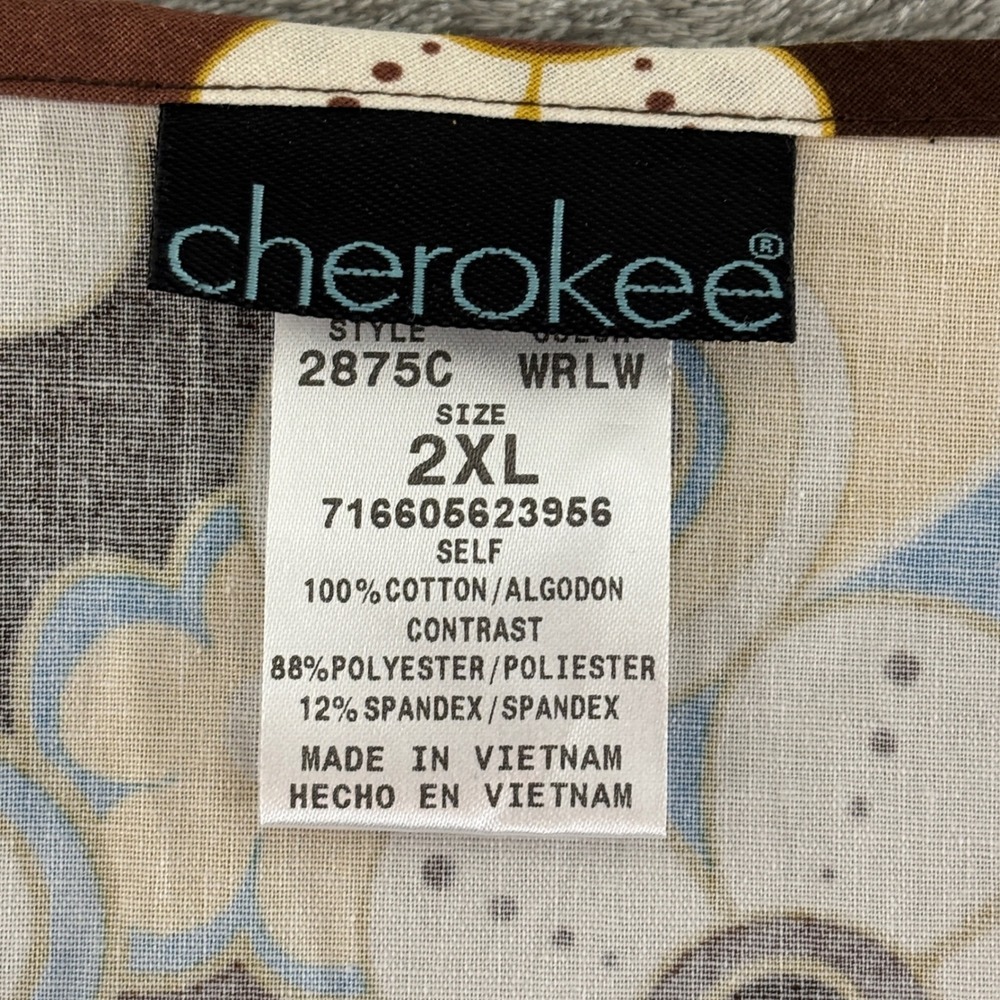 Cherokee Flexibles Floral Scrub Top Womens‎ 2XL Brown Stretch Side Panels V Neck - Picture 4 of 7